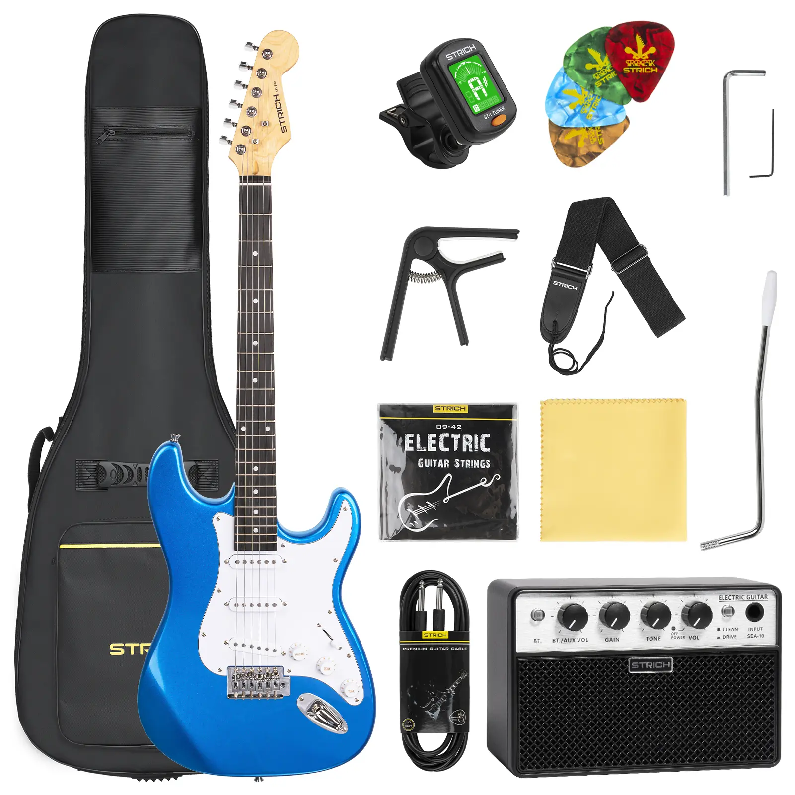 STRICH 39-Inch Electric Guitar Beginner Kit (39 inches, 106.00 × 48.00 × 15.50 Cm, 6.0000 kg) - SSS Pickup, 10W Amplifier, Bag, Tuner, Capo, Strap, Strings, Cable, Picks, 12 Months Support - SST-S10 Sapphire Blue