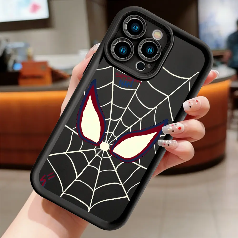 Cool Spider‑Man Miles Morales Hand‑Drawn Web Mask Phone Case For iPhone 17 16 15 14 13 12 11 Pro Max Plus X XR XS，Cartoon Comic Spider Web Graphic Soft TPU Shockproof Bumper Cover Large Raised Camera Cutout Anti‑Drop Protective Case
