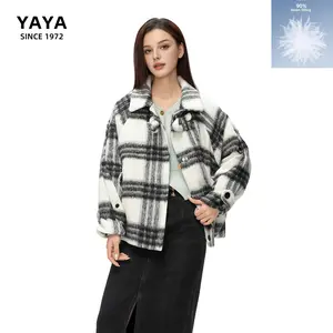 YAYA Women's Lapel Plaid Puffer Jacket Winter Fashion Warm Down Jacket Versatile Fitted Womenswear Buckle Design Outfit Stylish Gift