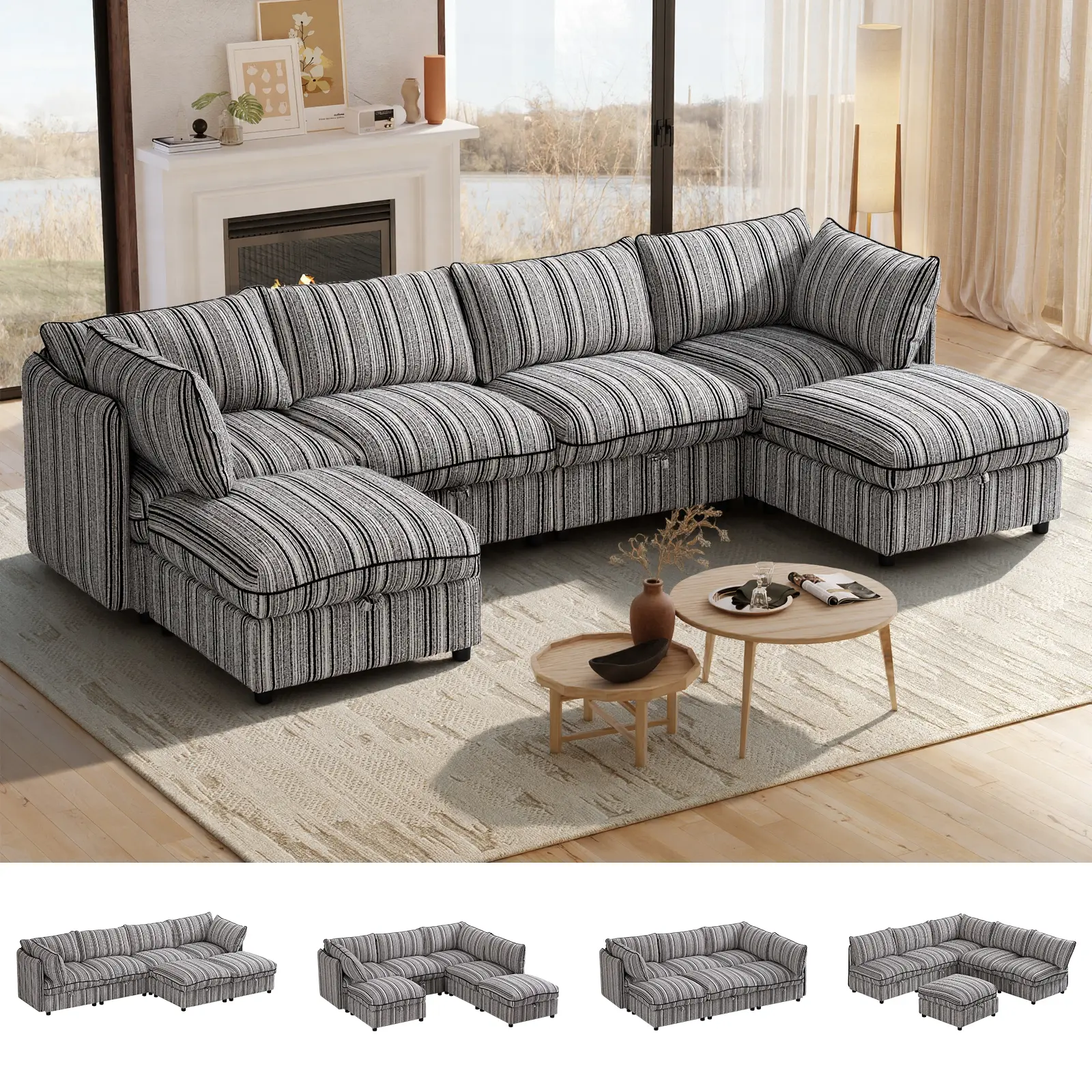4 -8Seat Modular Sectional Sofa with Storage Convertible Sectional Couch Modular Sofa with Chaise Living Room Furniture Sets, L Shaped Couch with Ottoman Couches for Living Room Black Stripes Contemporary Sectional Sofa
