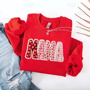 Valentine Mama Sweatshirt, Patchwork Holiday Letters Sweatshirt, XOXO Sweatshirt, Pink Valentine's Day Mama Lace