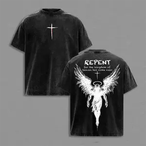 ( DTG Process,100% Cotton, 280g)Repent Vintage Washed Oversized Christian T-Shirt, Angel Wings Faith Graphic Tee, “Kingdom of Heaven Has Come Near” Gospel Streetwear Top, Heavy Cotton Unisex Retro Worship Shirt