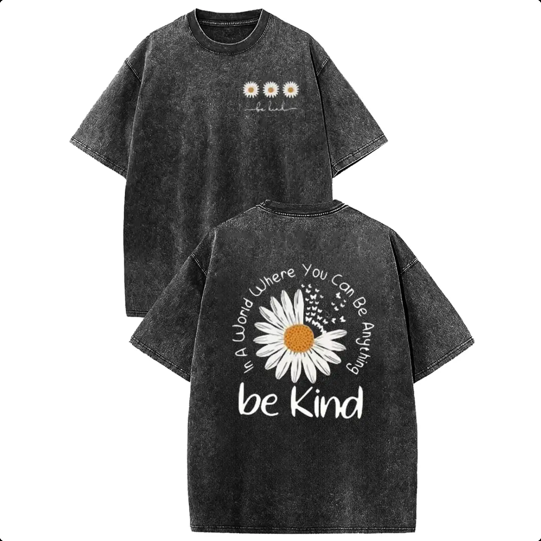 Be Kind Daisy Graphic T Shirt, Unisex Vintage Oversized Acid Wash Top, Soft Cotton Streetwear with Digital Print for Easter, Valentines Day, S, M, Thanksgiving, Basics, Outdoors, Daisy Women's T-Shirts, All Seasons, Oversized Daisy Flower Graphic Women's