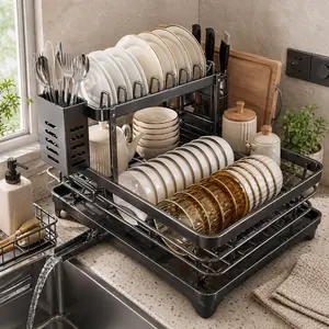 Foldable Over Sink Dish Drying Rack｜Pull Out 2 Tier Dish Drainer with Utensil Holder｜Space Saving Kitchen Organizer for Small Kitchens