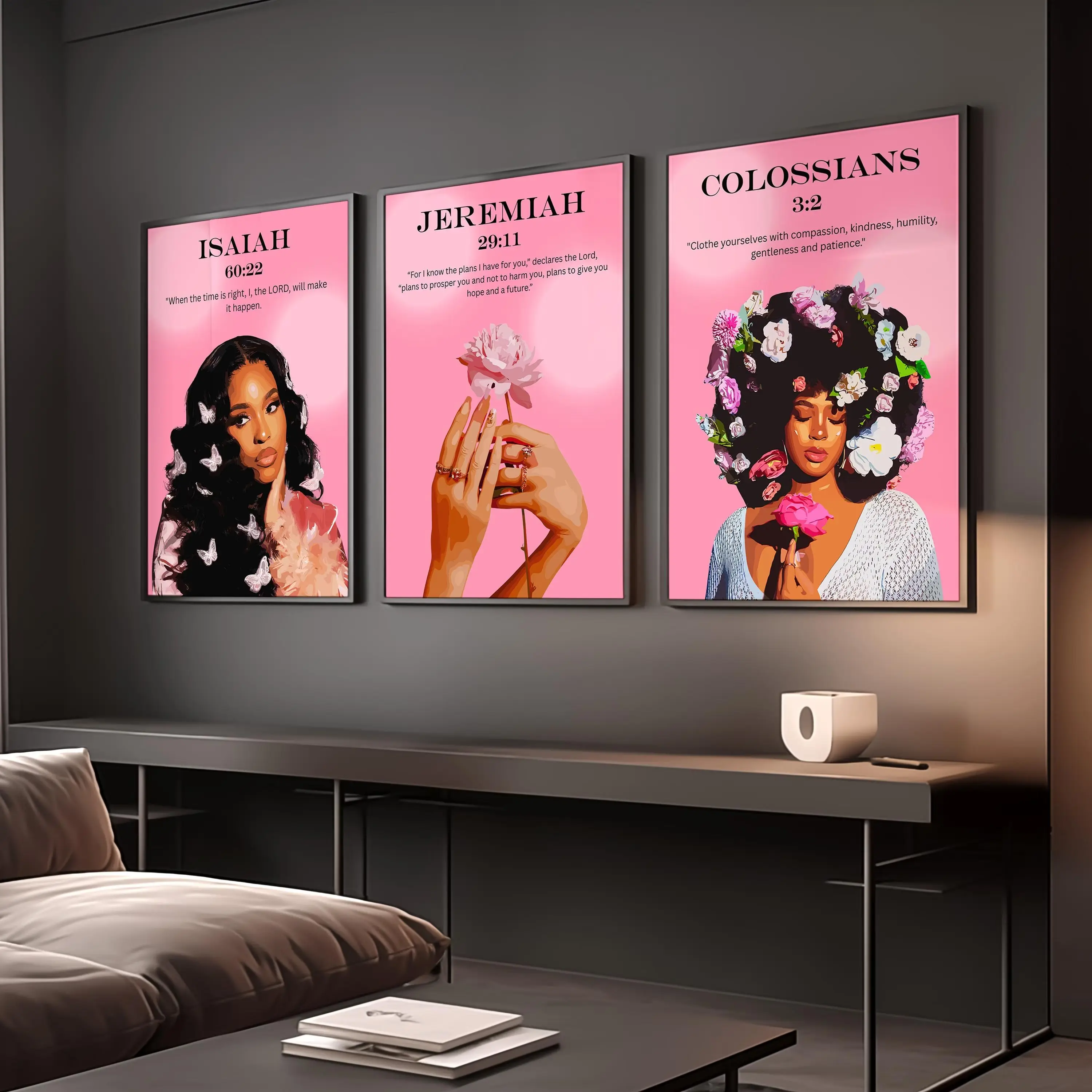 Set of 3 Poster Unframed Pink Bible Verse Print; Christian Wall Art, Girl Room Decor