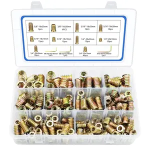 170 count Threaded Inserts Nuts, 10 Sizes-1/4"-20, 5/16"-18, 3/8"-16  Inserts Assortment Kit, Steel Threaded Inserts for  Furniture Screw Threaded Inserts Kit with 3 count Hex Wrench