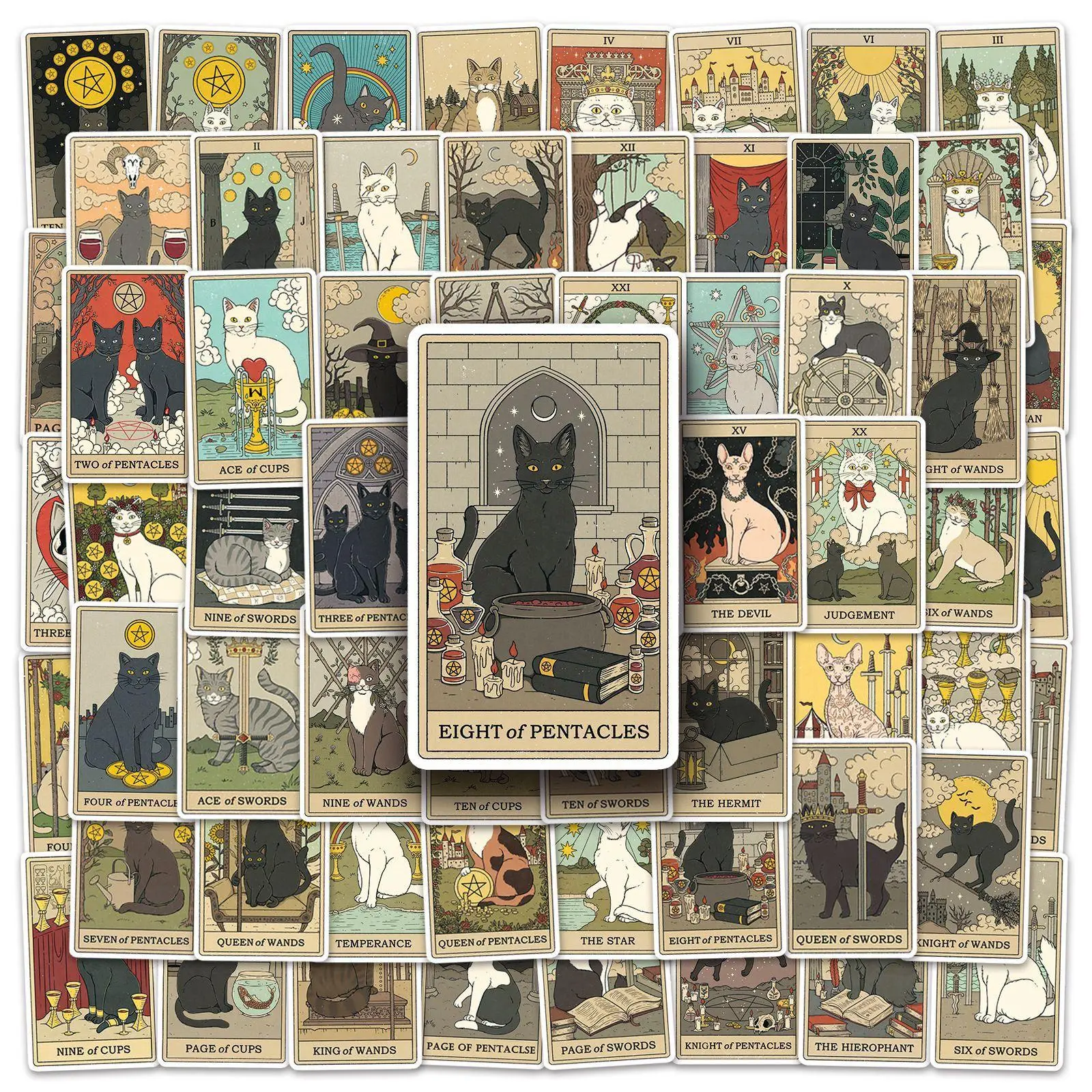 Cat Tarot Theme Sticker, Cartoon Animal Pattern Decorative Anime Naughty Sticker, Naughty Stickers, Graffiti Sticker for Laptop, Guitar, Water Bottle,