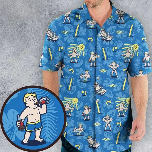 Men's Fallout Vault Boy Nuclear Summer Hawaiian Aloha Shirt - Short-Sleeve Cotton Button-Up Menswear, Blue Retro 80s Gamer Vibe Fabric Top, Breathable Stylish Tropical Surf Print Vacation Casual Gift