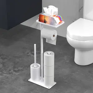 Modern Free-Standing Toilet Paper Holder with Storage Shelf and Toilet Brush, Space-Saving Tissue Rack for Bathroom, Multi-Functional Bath Accessories