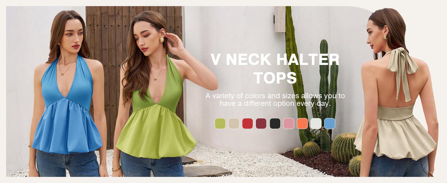 Tankaneo Womenswear Deep V Neck Halter Tank Tops Summer Trendy Casual Tie Back Sleeveless Shirts Bubble Hem Blouse Tees  Sexy Y2K streetwear