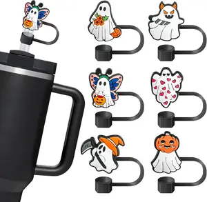 6Pcs Silicone Ghost Straw Cap Set for Tumbler Cup Halloween Decoration, Reusable 0.39" Straw Covers Halloween Straw Topper Drinkware Accessories