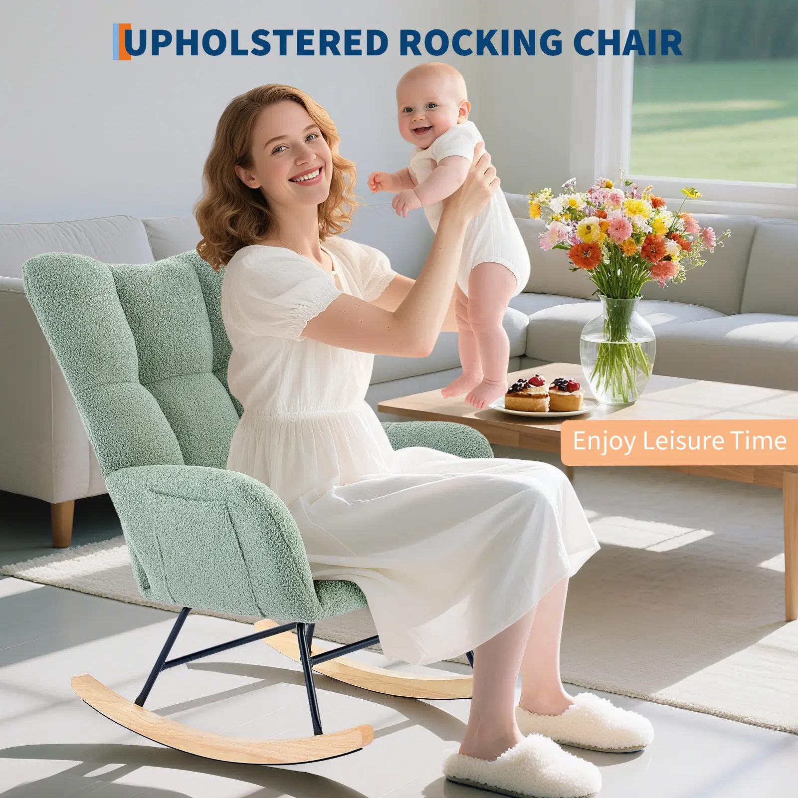 Comfy Upholstered Nursery Glider Rocking Chair with High Back Support & Side Pocket, Soft Padded Skin-Friendly Accent Sofa Chair, Stable & Safe for Baby Nursing, Living Room, Bedroom & Office