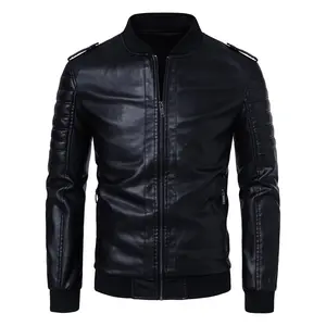 Stand-collar black PU biker jacket, featuring shoulder quilting and side zipper pockets, ribbed cuffs for windproof warmth, cool and stylish, ideal for autumn/winter daily commute and street wear.