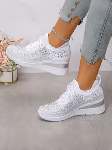 Women's Fashion Sport Shoes, Breathable Textile Upper, Rubber Sole, Anti-Slip, Comfortable Soft Bottom, All Seasons, Trendy Rhinestone Design