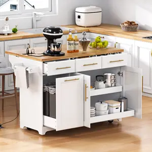 K&K 59.3" Kitchen Island with Storage 2 Pull Out Cabinet Organizers & Rubber Wood Drop Leaf, Rolling Kitchen Island with Trash Can Storage, Power Outlet, Spice & Towel Rack for Kitchen, Dining, White/Black /