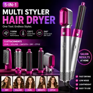 5-in-1 Hot Air Brush Automatic Curler Straightener Hair Dryer Wet Dry Styler for All Hair Types Fast Styling Tool