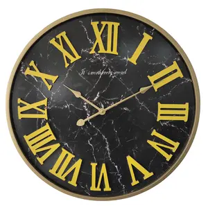 24 inch Large Black Marble Pattern Wooden Wall Clock with Metal Frame, Silent Non Ticking Decor Clock Battery Operated Round Easy To Read Presents Home Office School Clock