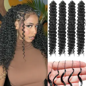 Women's Pre-Separated Feather Crochet Synthetic Hair Extensions, 18-24 Inch Deep Wave/Water Wave, Invisible Wear Bundles for Boho Braids (Natural Black)
