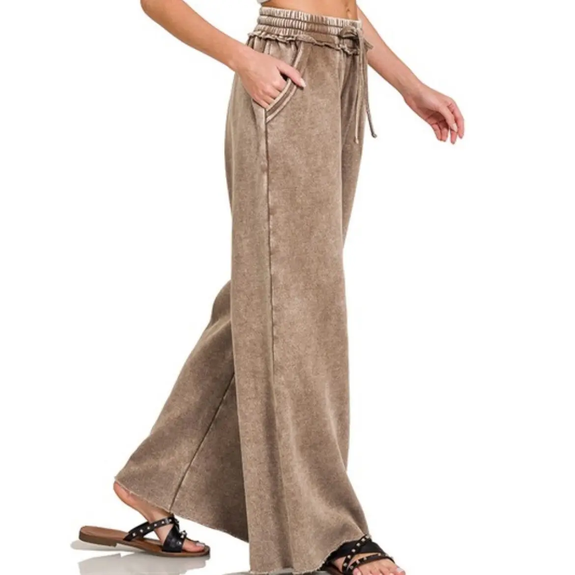 Zenana Acid Wash Fleece Palazzo Sweatpants with Pockets