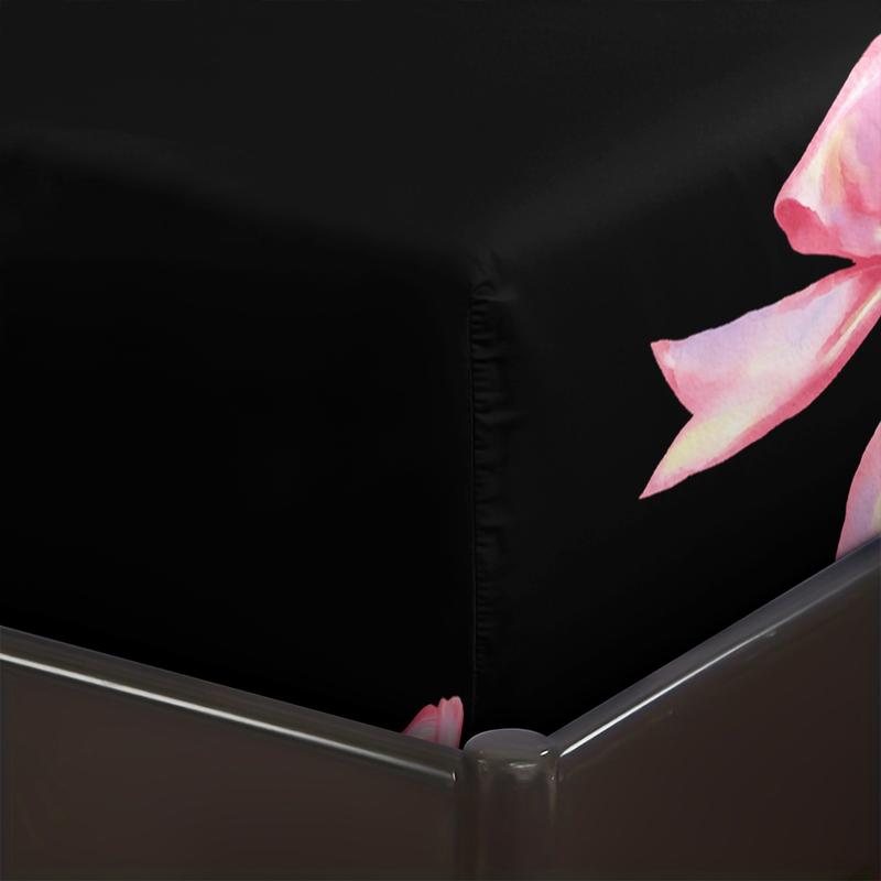 3-piece Bedding Set Features A Black Background With Pink Bow Print, A Fitted Sheet, And Two Unfilled Pillowcases. The Sweet And Cool Color-blocked Style Creates A Unique And Girly Bedroom Décor, Making It A Perfect Gift Choice. Bed Sheet Sets