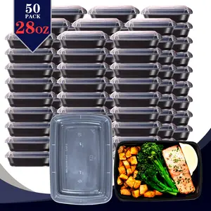 50-Pack 28-Ounce Rectangular Thickened Food Storage Containers, Black Plastic Lunch Boxes, Disposable Meal Prep Containers, Stackable, Leak-Proof, BPA-Free, Microwave, Dishwasher, and Refrigerator Safe, for Holidays, Thanksgiving, Christmas, Halloween