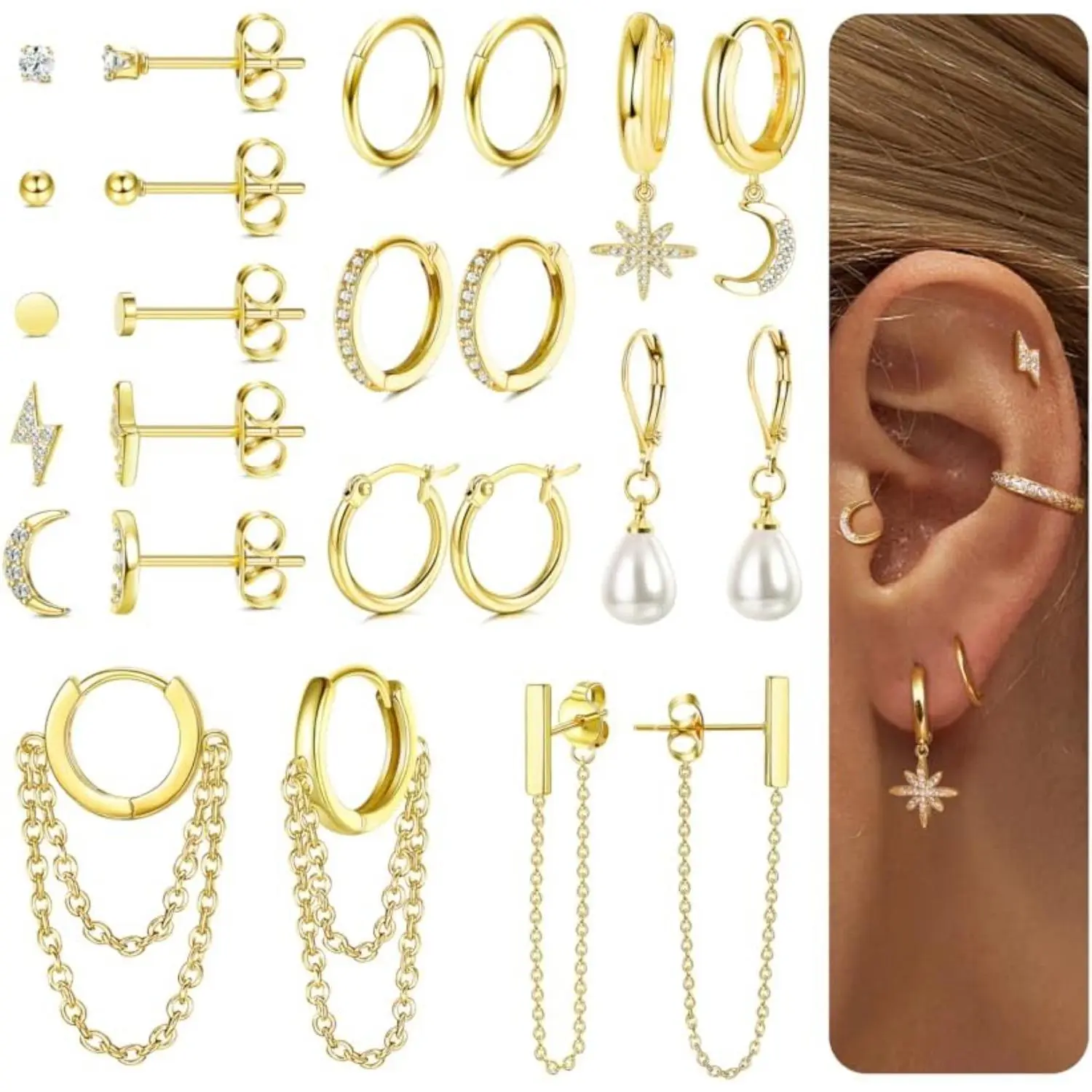 Women's YADOCA 12-Pair Gold Hoop Charm Stack Earrings, Nickel-Free Hypoallergenic Stainless Steel Jewelry Stack, Dainty Ear Goals Pieces for Multiple Piercings & Cartilage Daily Wear
