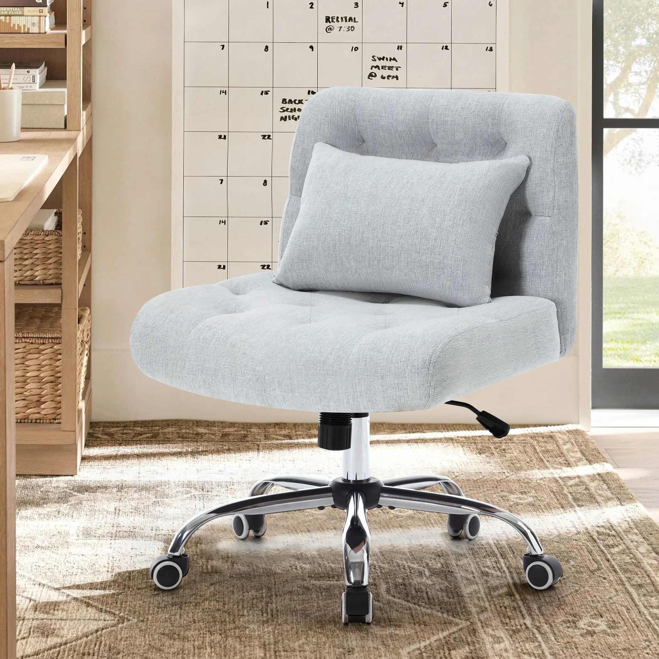 Armless Fabric Office Desk Chair with Wheels, Cross Legged Wide Seat Chair, Modern Home Office Chair with Lumbar Pillow, Comfortable Computer Task Cha