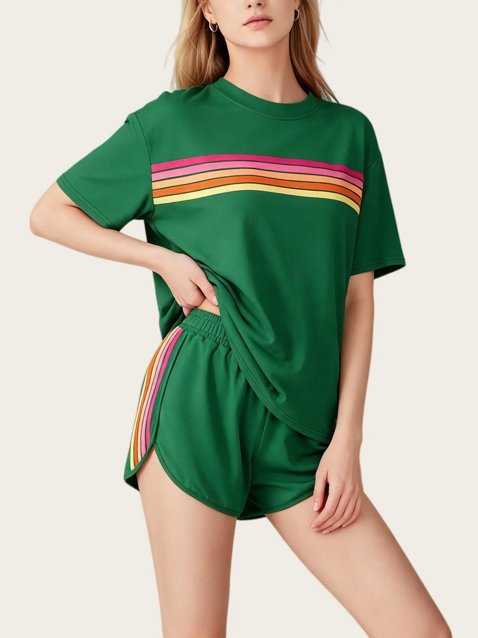 Women's 2-Piece Shortsleeve Thick Striped Cotton Blend Top & Shorts Set with Pockets - Rainbow Gradient, Comfy Breathable Retro Loungewear, Women's Clothes for Pajamas, Beach Use | Outfits Inspo