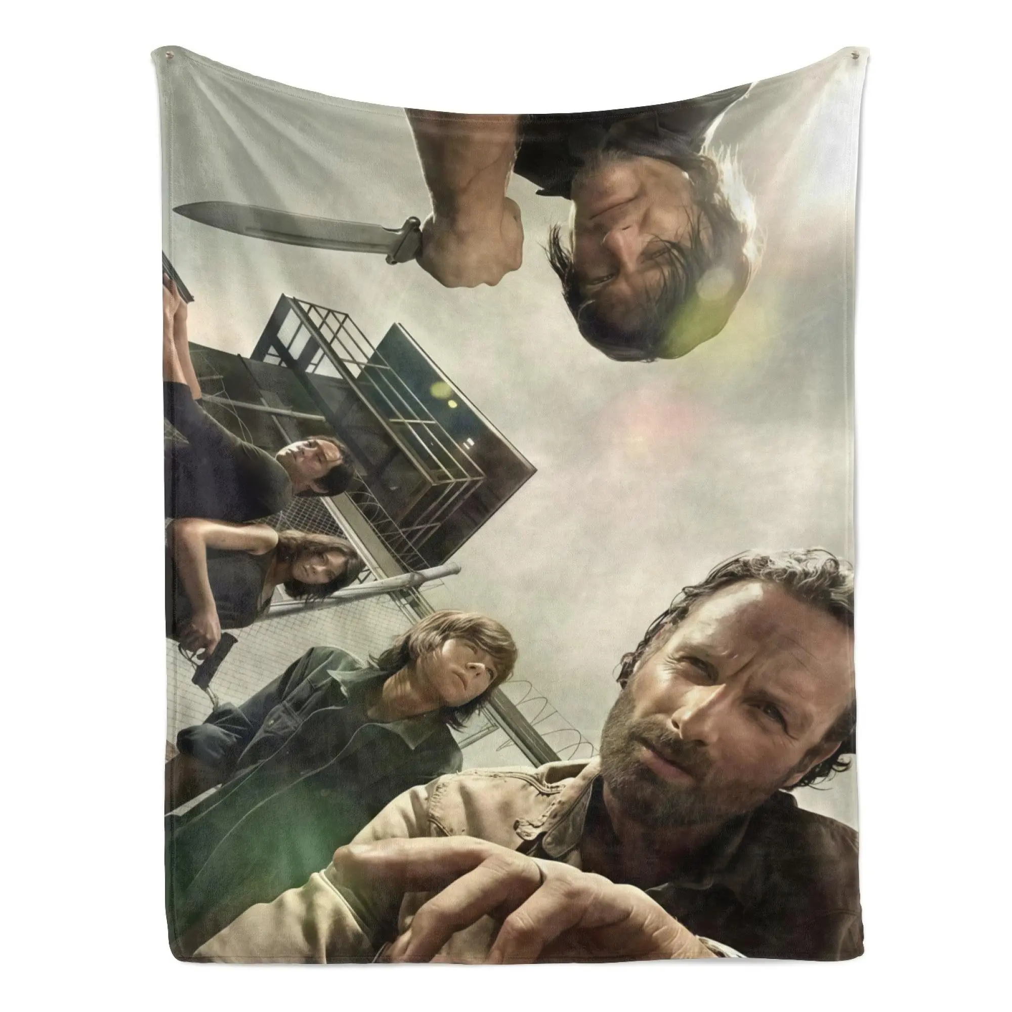 Zombie Survival Drama Cast Print Flannel Throw Blanket - Traditional Polyester Household Item, Sturdy Retro Horror-Themed Blanket, Soft Lightweight Sofa/Bed Cover, Spooky Halloween Room Decor Gift for Horror Enthusiasts