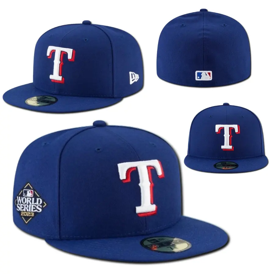 New Era Texas Rangers 59FIFTY Fitted Hat – Royal Blue Flat Bill Baseball Cap Featuring Embroidered White and Red “T” Logo & World Series Patch, Premium MLB Streetwear Headwear, Casual Sports Cap, Unisex, Gorras, Gorra Beisbol, Collector Edition