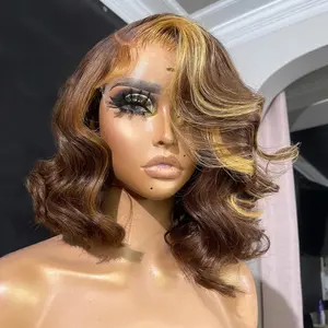 Brown Blonde Stripe Colored Bob Wig Human Hair HD 13x4 Lace Front Wigs Human Hair Pre-Plucked Hairline Frontal Glueless Short Body Wave Bob Wigs For Black Women Human Hair 180% Density Ombre Brown Honey Blonde Loose Wave Hairstyle Can Do Side Part