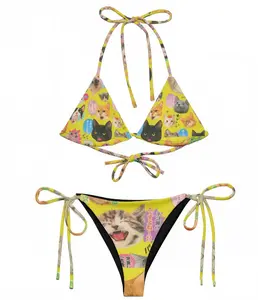 Y2K Cat Print Bikini, Kawaii Cyber Rave Recycled Fabric