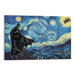 Van Gogh's Starry Sky Pattern Canvas Painting with Frame, Modern Art Bat Character Posters, Wall Art Decor for Home Living Room Bedroom Office, Halloween