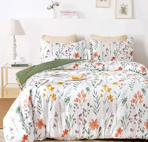 Green Yellow Floral Duvet Cover with Pillowcase 2 Pcs Twin / 3 pcs Full Queen King -   Red Flower Leaf Pattern Printed Reversible Microfiber Comforter Cover Bedding Set - Soft Aesthetic Cottage Bedroom Decor for Women