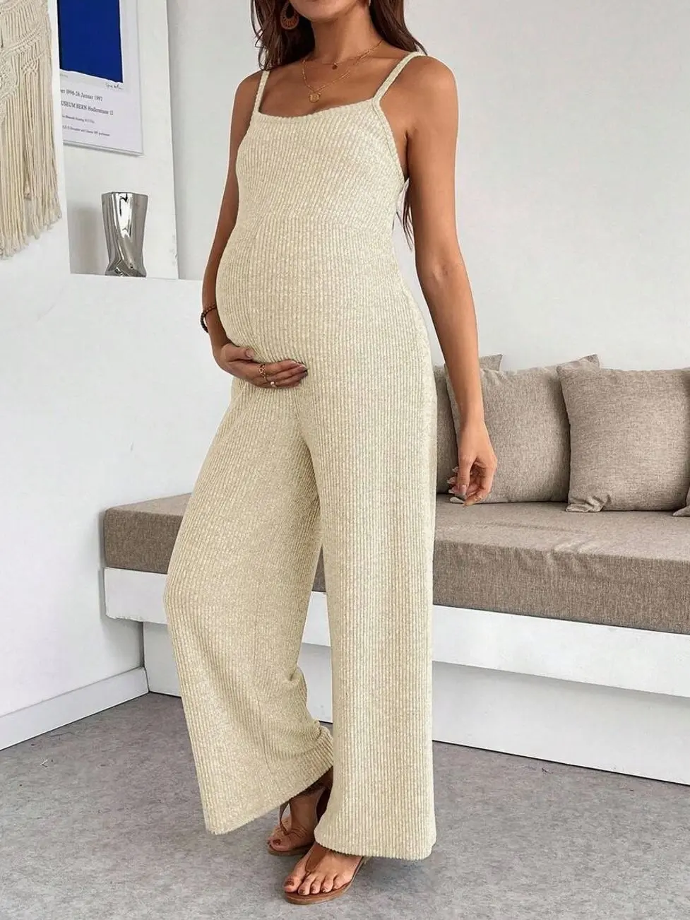 Maternity Ribbed Jumpsuit, Spaghetti Strap Romper for Breathable Pregnancy Loungewear