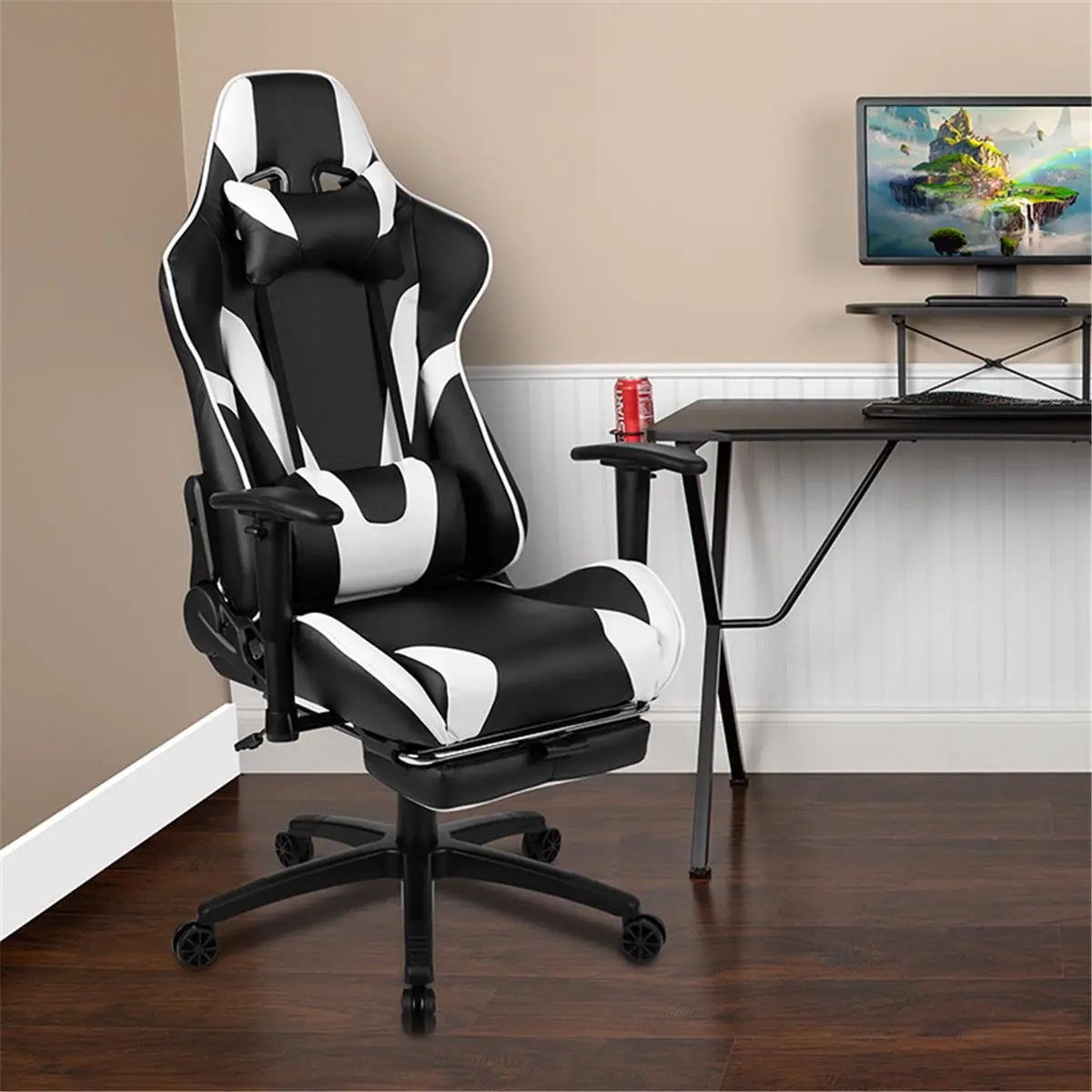 Flash Furniture  29 in. X30 Gaming Chair Racing Office Ergonomic Computer Chair with Fully Reclining Back & Slide-Out Footrest Leather Soft, Black