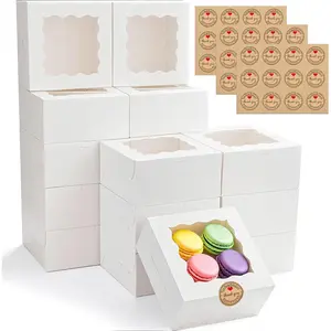 30 count Cookie Boxes with Window, 6x6x3 Inches White Bakery Boxes, 36 count Stickers,for Small Cookies, , Candy, Desserts,  Covered Strawberries,Mini Cake Boxes