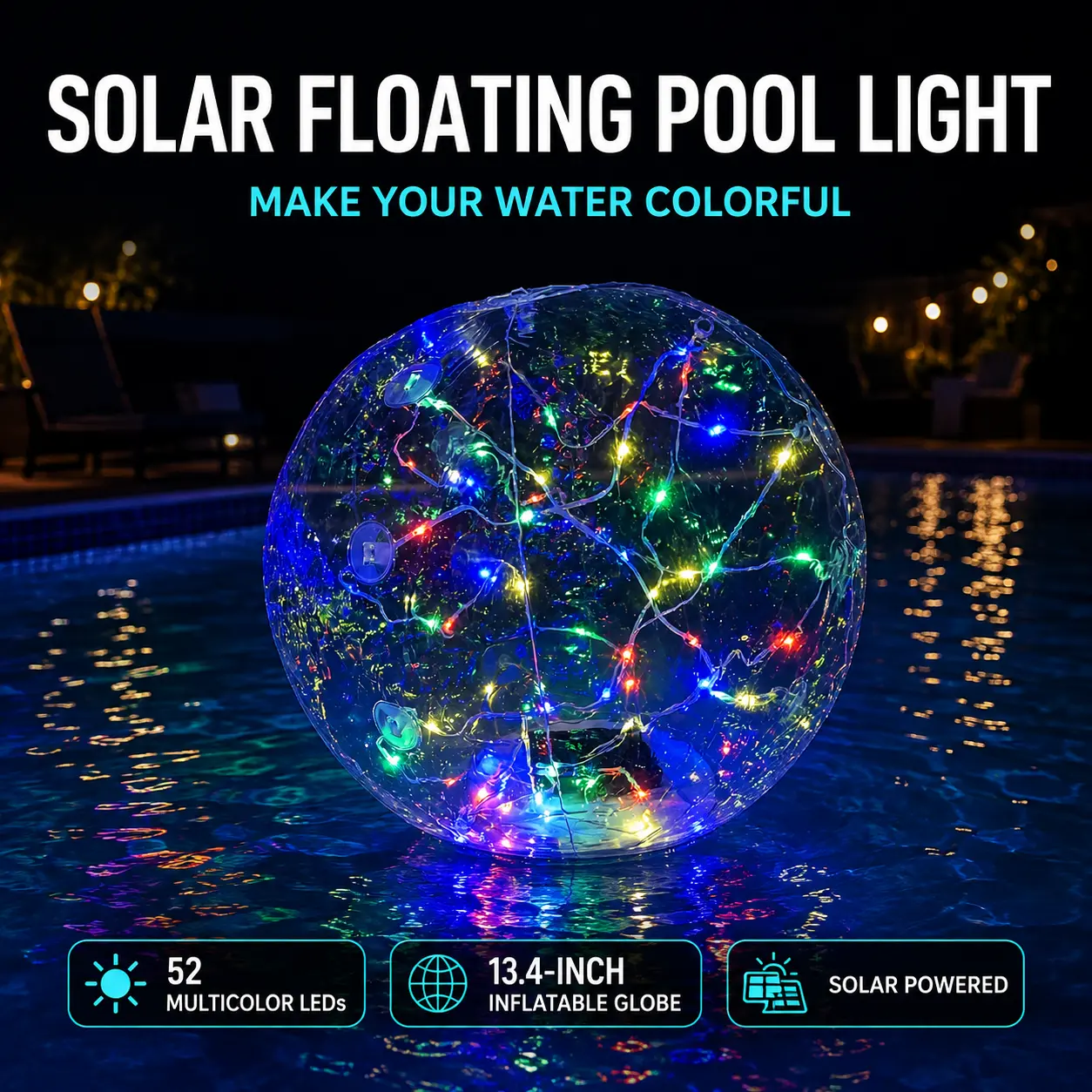 Solar Floating Pool Light - 52 LED 13.4-Inch Inflatable Clear Globe with Multicolor Fairy Lights, Solar-Powered Water Ball for Swimming Pool, Wedding Decor