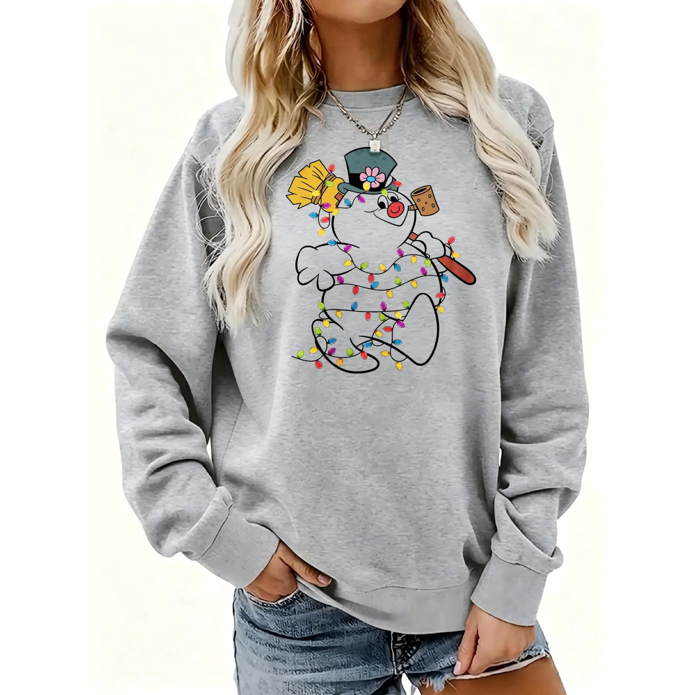 Women's Cute Snowman With Christmas Lights Crewneck Sweatshirt | Soft Stretchy Long Sleeve Pullover | Cozy Fall Layering Essential For Casual Daily, Office & Streetwear Looks