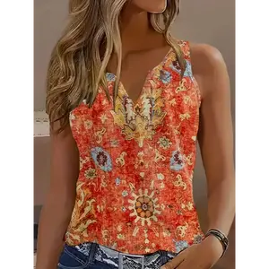 Womens Bohemian Sleeveless Tank Top - Ethnic Notch Neck Design Breezy Summer Casual Wear Glistening Womenswear Collar Fabric Polyester Comfort Fitted