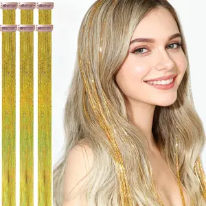 6 Pack Laser Gold Hair Tinsel Clip In, 80 Strands/Pc 24 Inches Shiny Sparkle Fairy Hair for Mermaid Costume Halloween Party Concert