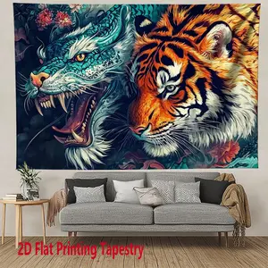 Blue, green, black, gold and white fierce dragon and tiger pattern pendant, digitally printed polyester material wall tapestry, suitable for living rooms, bedrooms, offices, bars