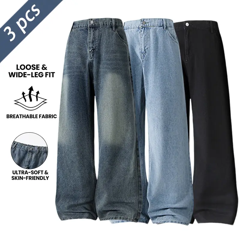 Men’s 3-pack casual straight-leg vintage jeans, street-style trendy denim fabric, black washed finish, wear-resistant non-stretch material—perfect for everyday commuting and casual outfits, streetwear, menswear.
