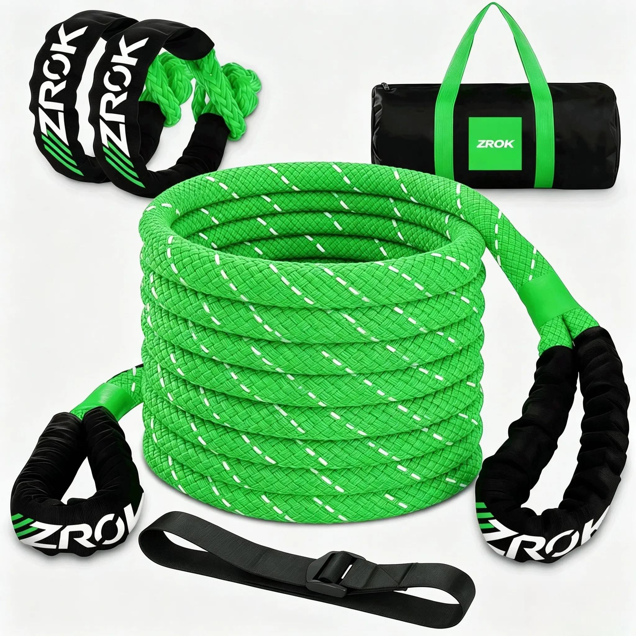 ZROK Kinetic Recovery Tow Rope Kit, 48000lbs Heavy-Duty Stretch Nylon Snatch Strap with 2pcs Soft Shackles for Offroad Vehicles, SUVs Elastic