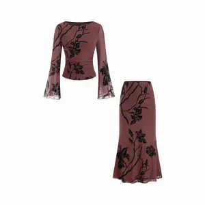 Cider Mesh Floral Boat Neck Bell Sleeve Top & Mid Rise Mermaid Maxi Skirt Set