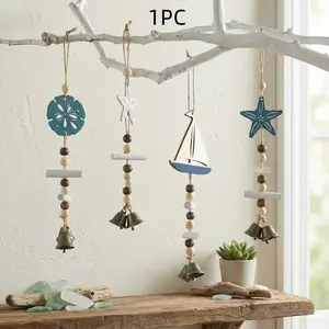 Mediterranean Wooden Starfish Wind Chime, Sailboat Bell Hanging Ornament, Home Festival Decor, Unique Wall Decoration, Boho Decor, Hangable
