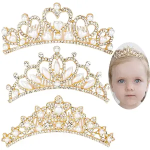 Small Tiara Crown with Hair Comb, 3 Pack Mini Tiara Crown Princess Crystal Shiny Hair Accessories for 2 3 4 5 6 7 8 9 Years Girls Hair Dectoration Styling Cute Hair Accessories (Gold)
