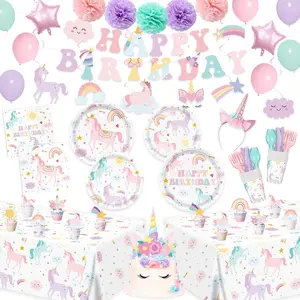 188pcs Unicorn Party Supplies Include Paper Plates Napkins Cups Banner Tablecloth Disposable Tableware Set for Girls Birthday Unicorn Party Decorations Serve 20 Guests