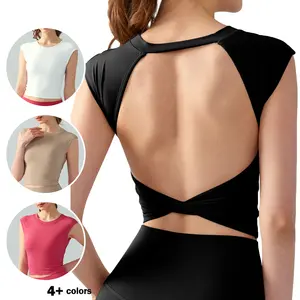 Open Back Longline Sports Bras Workout Tank Tops for Women Crop Yoga Top Cap Sleeve Gym T Shirts with Built in Bra