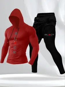 Men's Spring & Fall Sports Set, Athletic Activewear Tracksuits, Tracksuit Sweat Suits, Long Sleeve Hoodie + Fleece Lined Pants, Letter Print Design, Breathable Fabric, Ideal for Fitness Activities